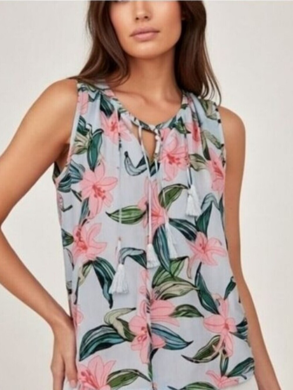 C & E Blue Green Pink Lily Floral Sleeveless Tassle Top Size XS